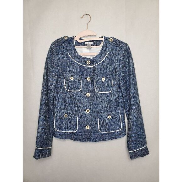 Vintage Cache Blue Tweed Nautical Boucle Classic Preppy Y2K Blazer Jacket - Picture 1 of 9